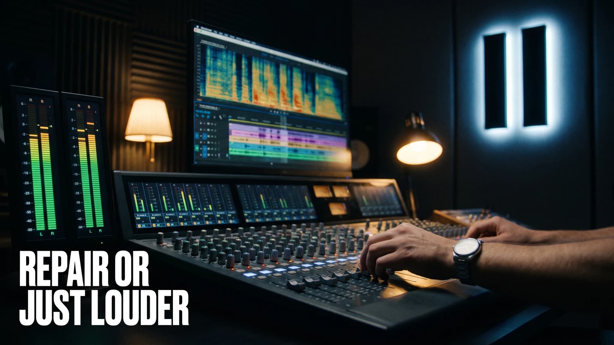 A dim broadcast edit suite at night, a single engineer's hands on a fader, twin loudness meters glowing green and a spectrogram of a spoken sentence stretched across the monitor behind them.