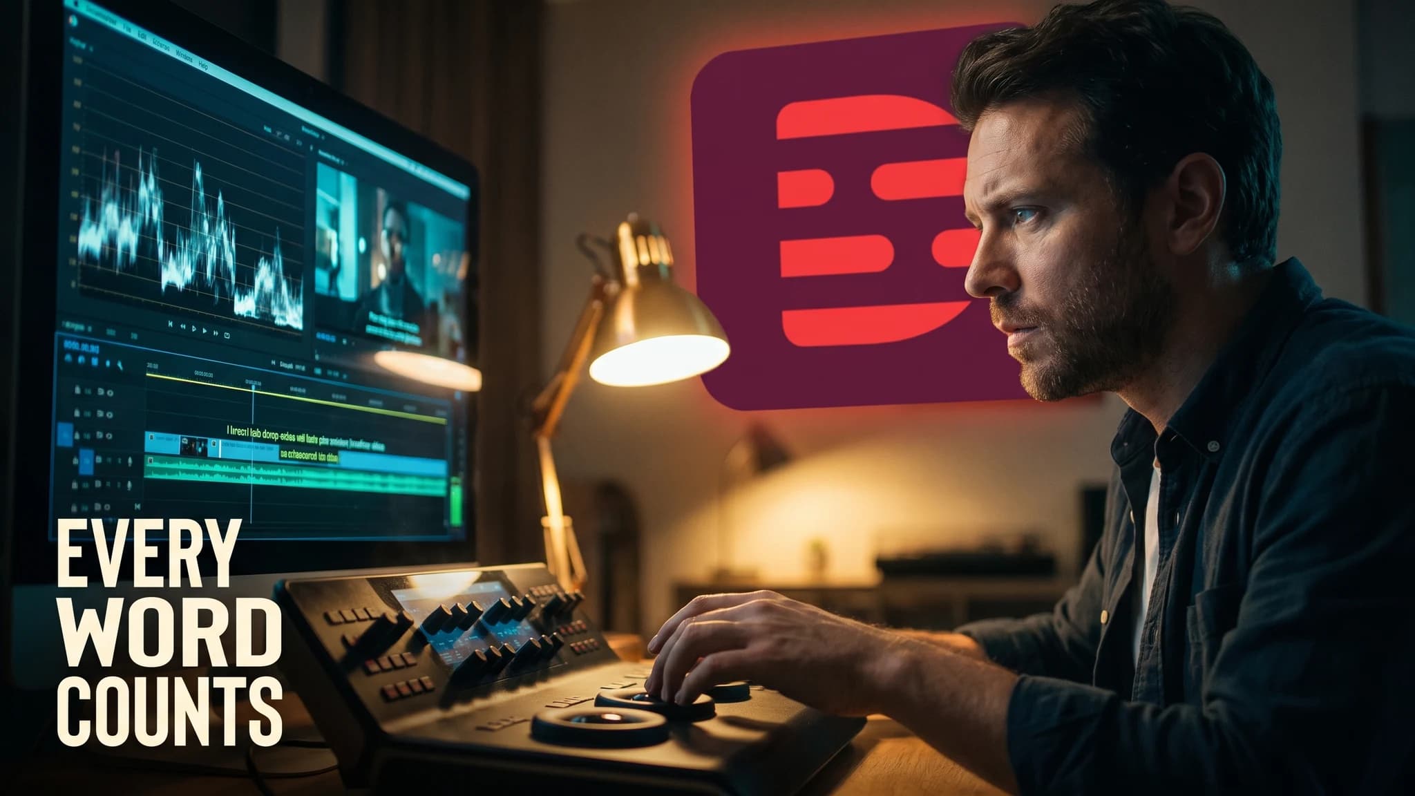 Video editor scrubbing a subtitle timeline in a dark grading suite lit by monitor glow, beneath a large illuminated Descript emblem