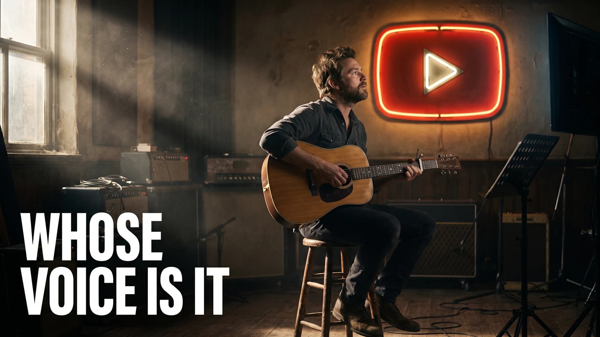 Songwriter with an acoustic guitar in a rehearsal room lit by a large neon YouTube sign, illustrating AI cover song rights
