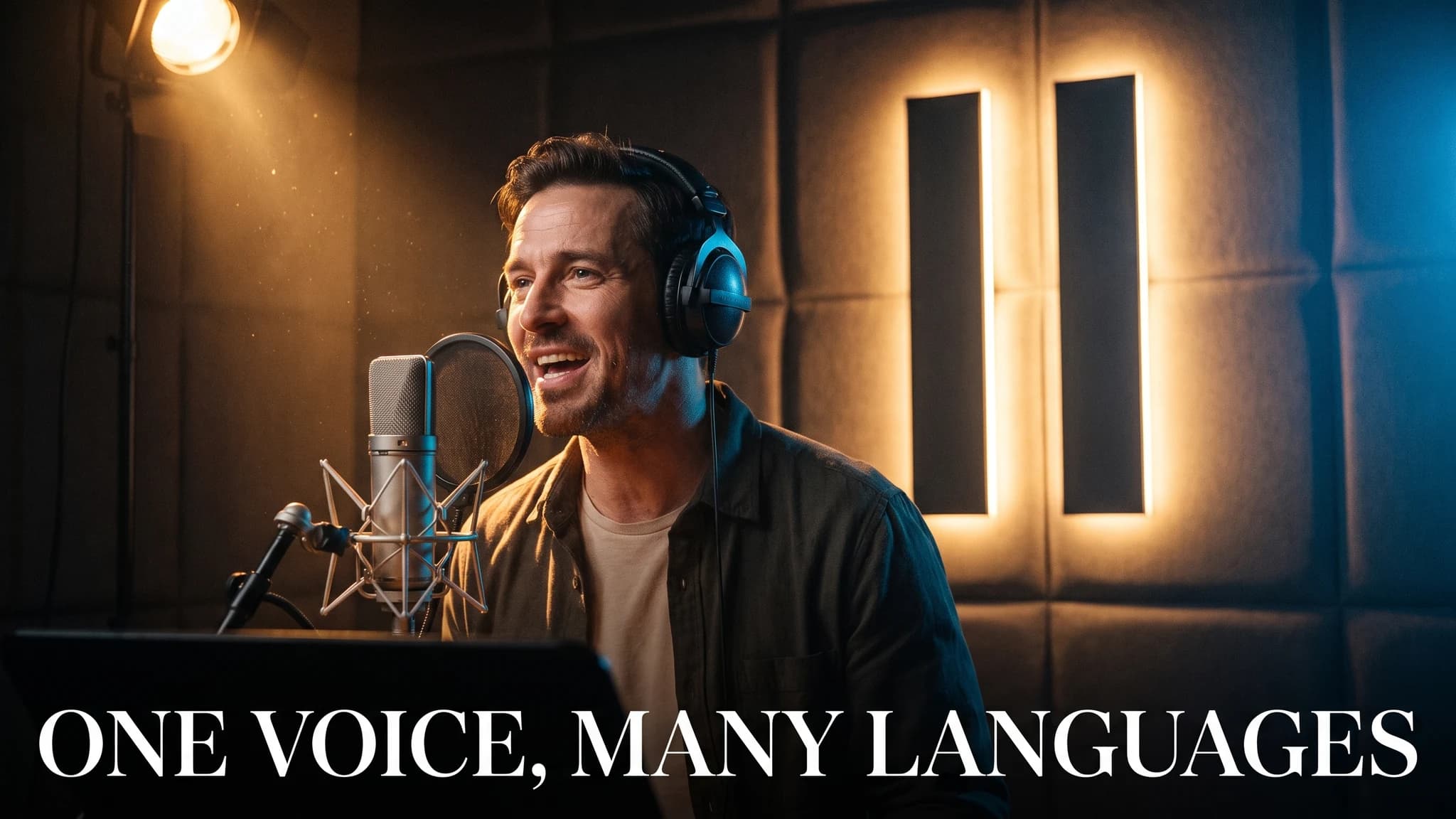 Voice actor recording in a padded booth at a condenser microphone beneath a large glowing ElevenLabs emblem