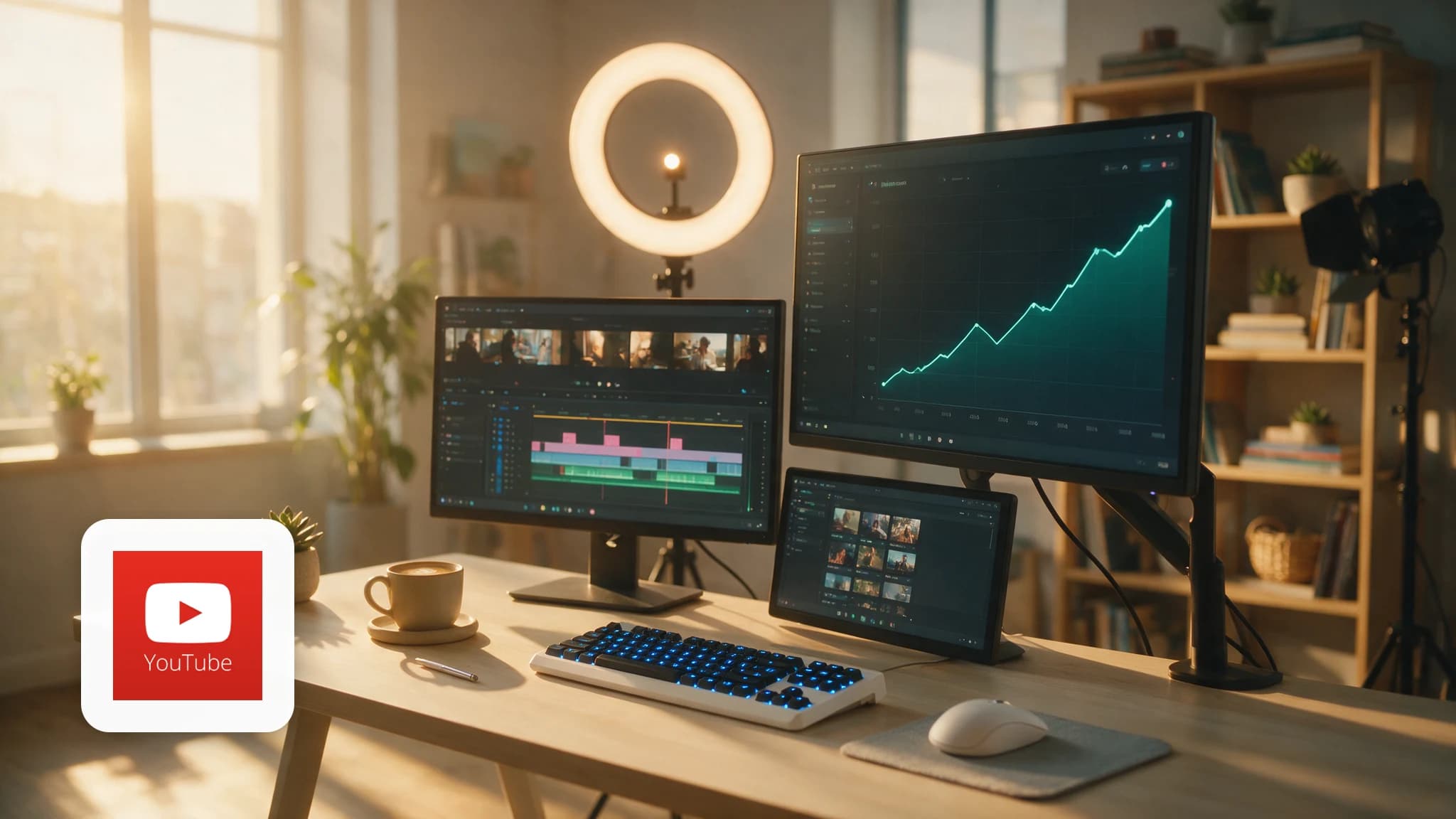 Cinematic AI video production illustration for: AI Faceless YouTube Monetization: What Actually Pays in 2026
