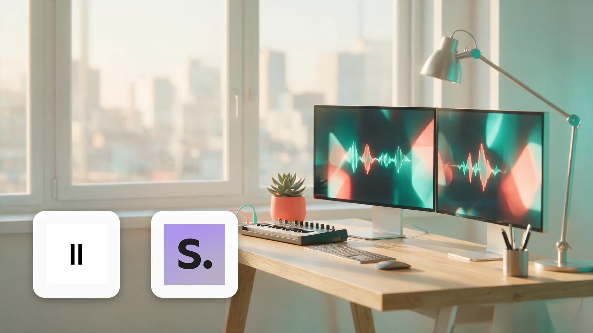 Bright developer desk with a code editor showing an audio API request, ElevenLabs and Stability logo cards