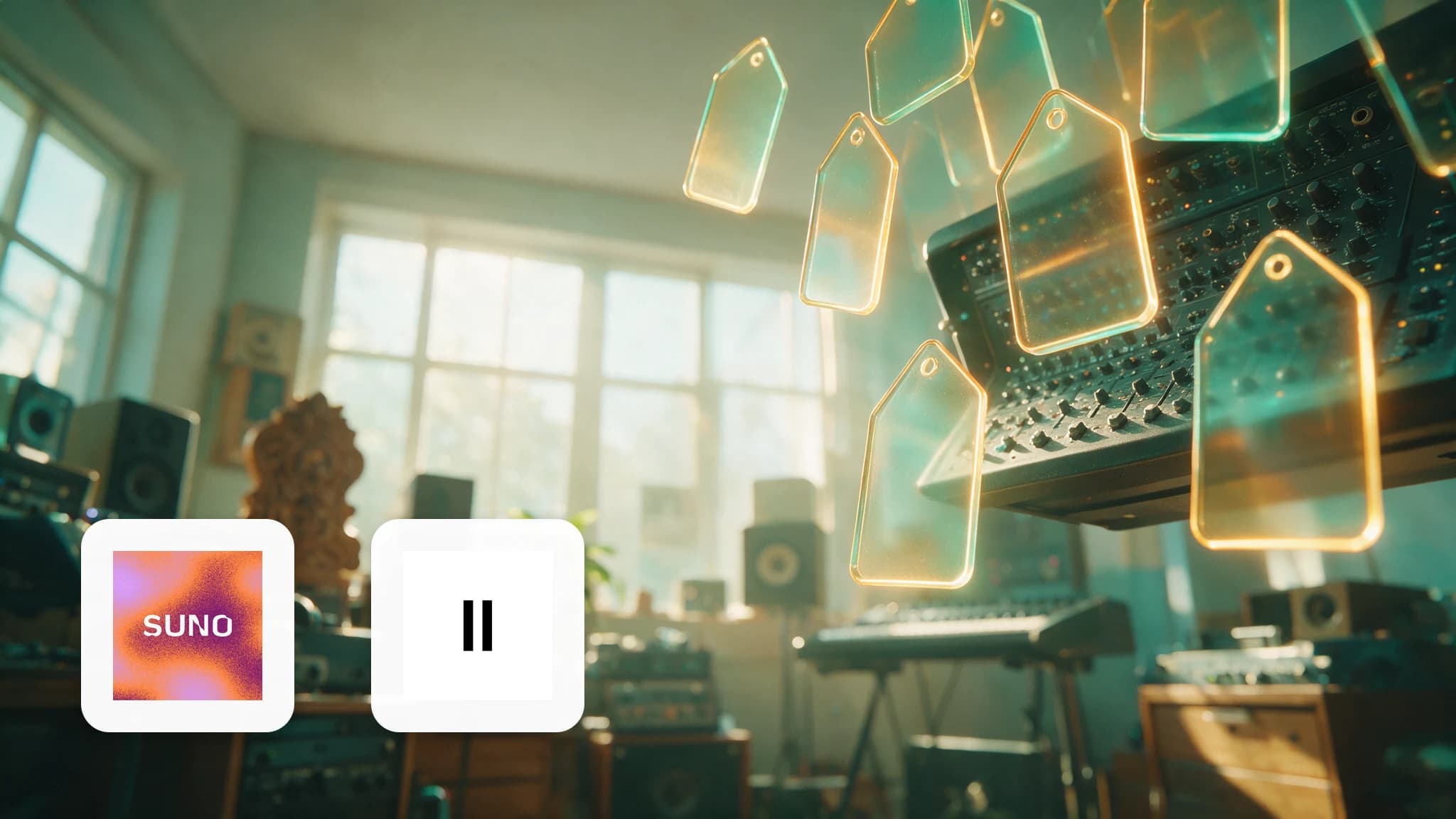 Bright studio desk with headphones and a plan-price comparison on screen, Suno and Udio logo cards