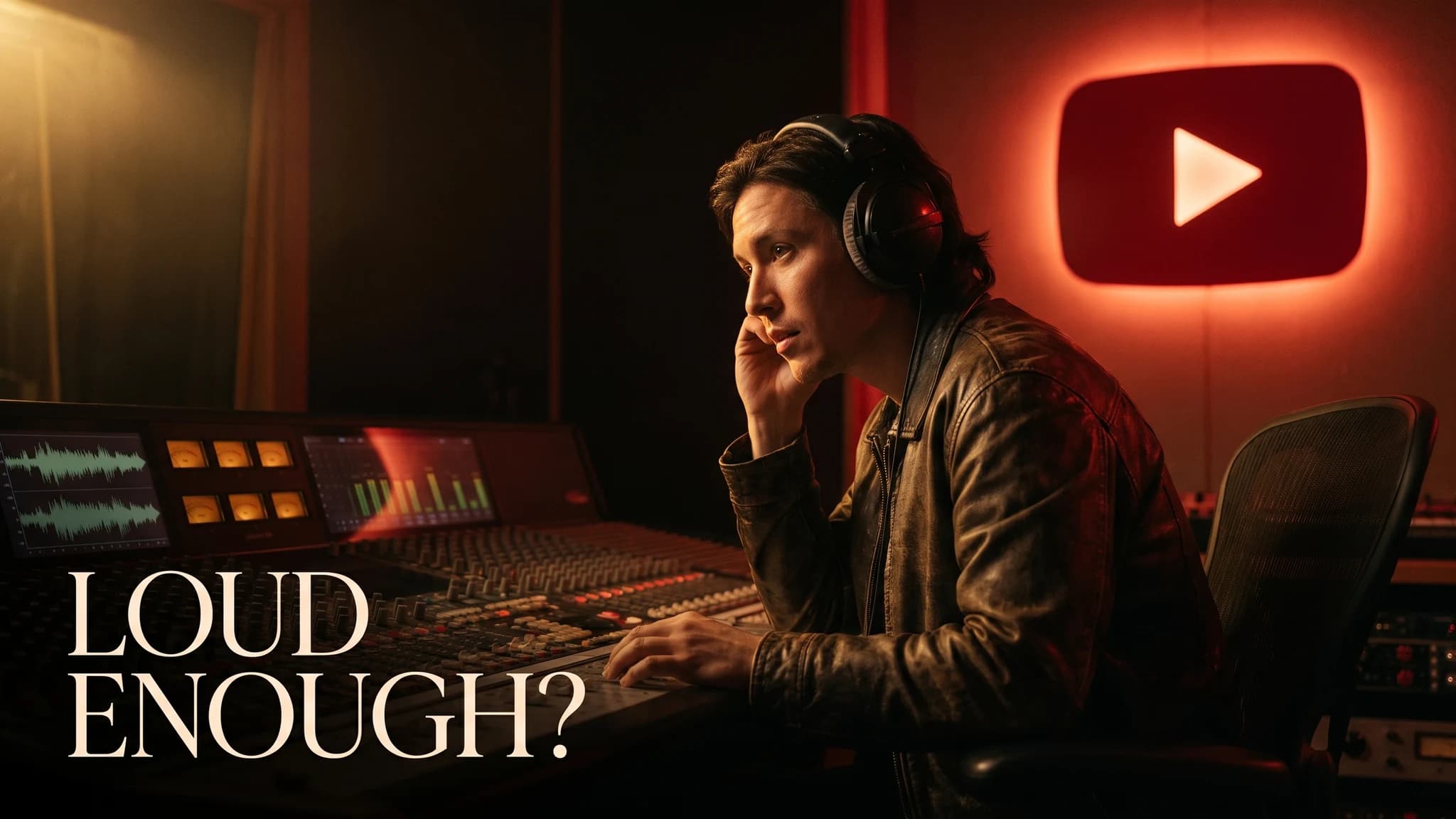 Music producer in headphones checking loudness meters at a mixing desk beneath a glowing YouTube sign
