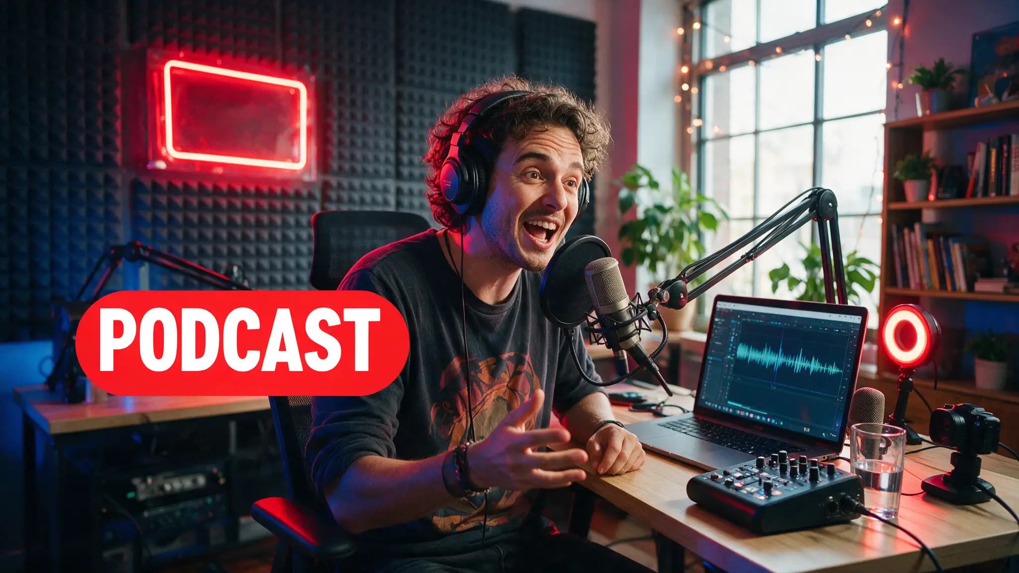 Cinematic AI audio production illustration for: The AI Podcast Stack: Record, Edit & Publish Twice as Fast