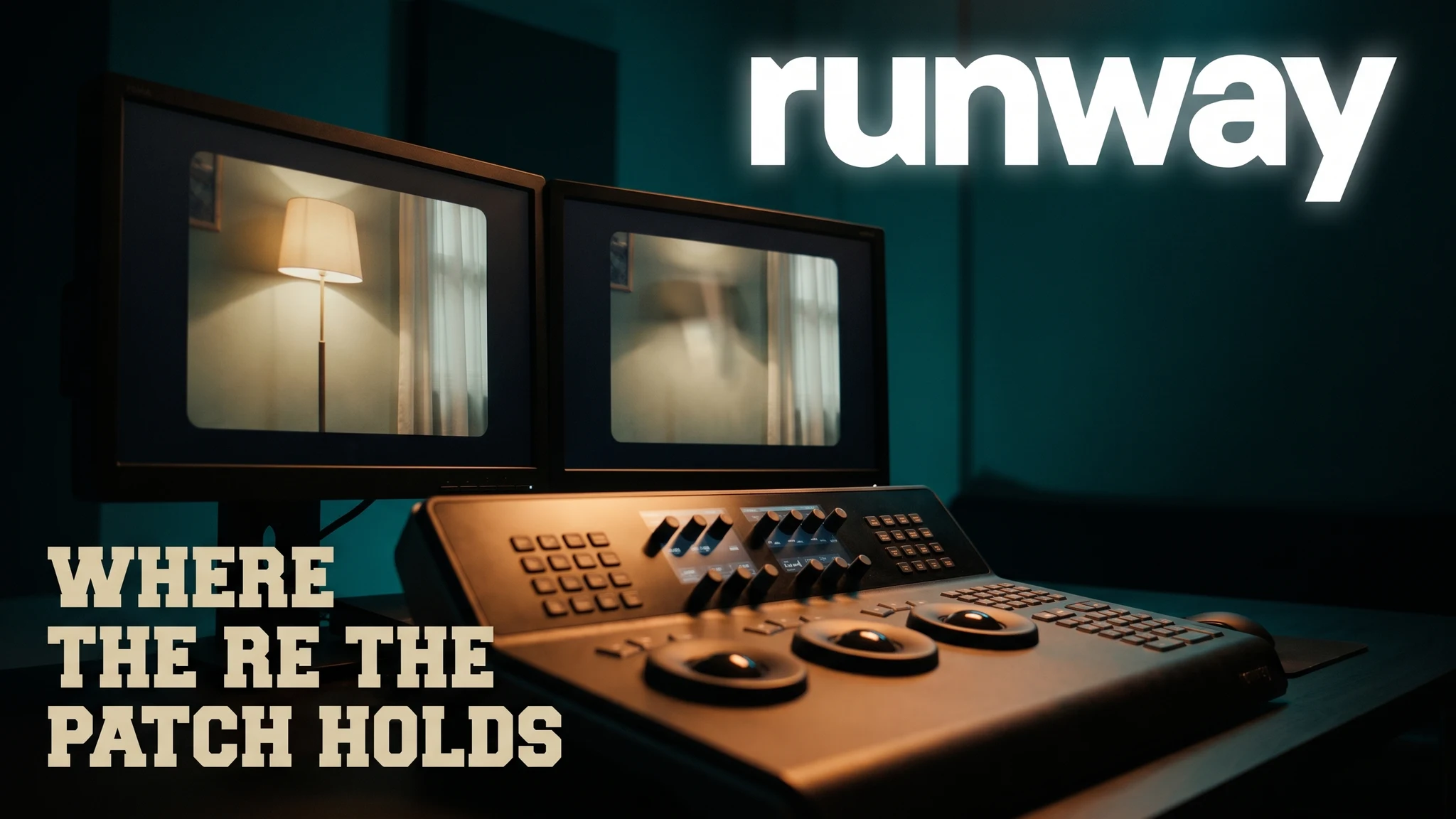 An editing bench in a dim grading suite, two monitors side by side showing the same handheld shot with and without a light stand, the removed region faintly boiling under a scrub bar frozen mid-frame.