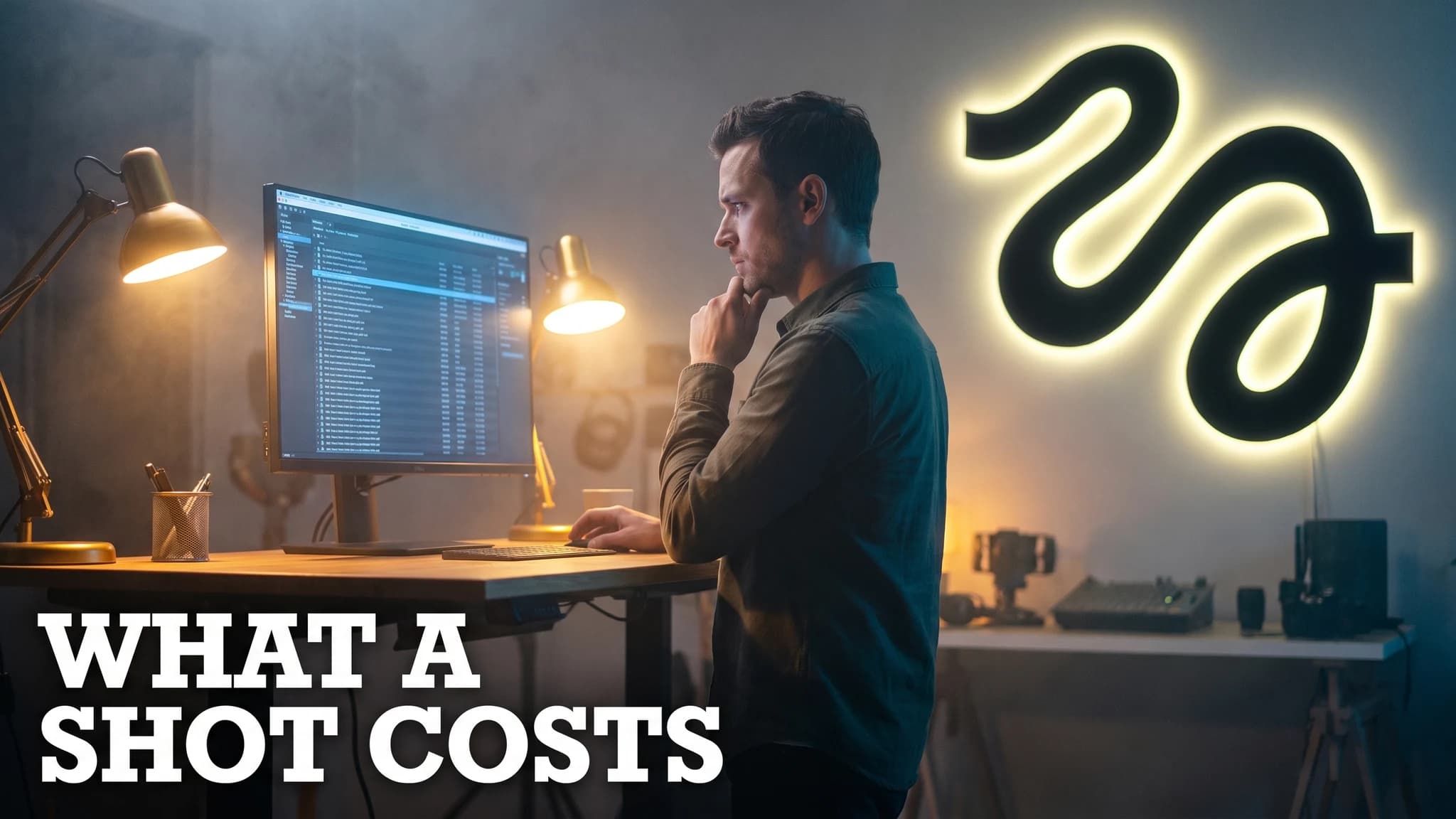Video producer reviewing an AI render queue on a monitor under a glowing Higgsfield emblem, weighing cost per finished shot