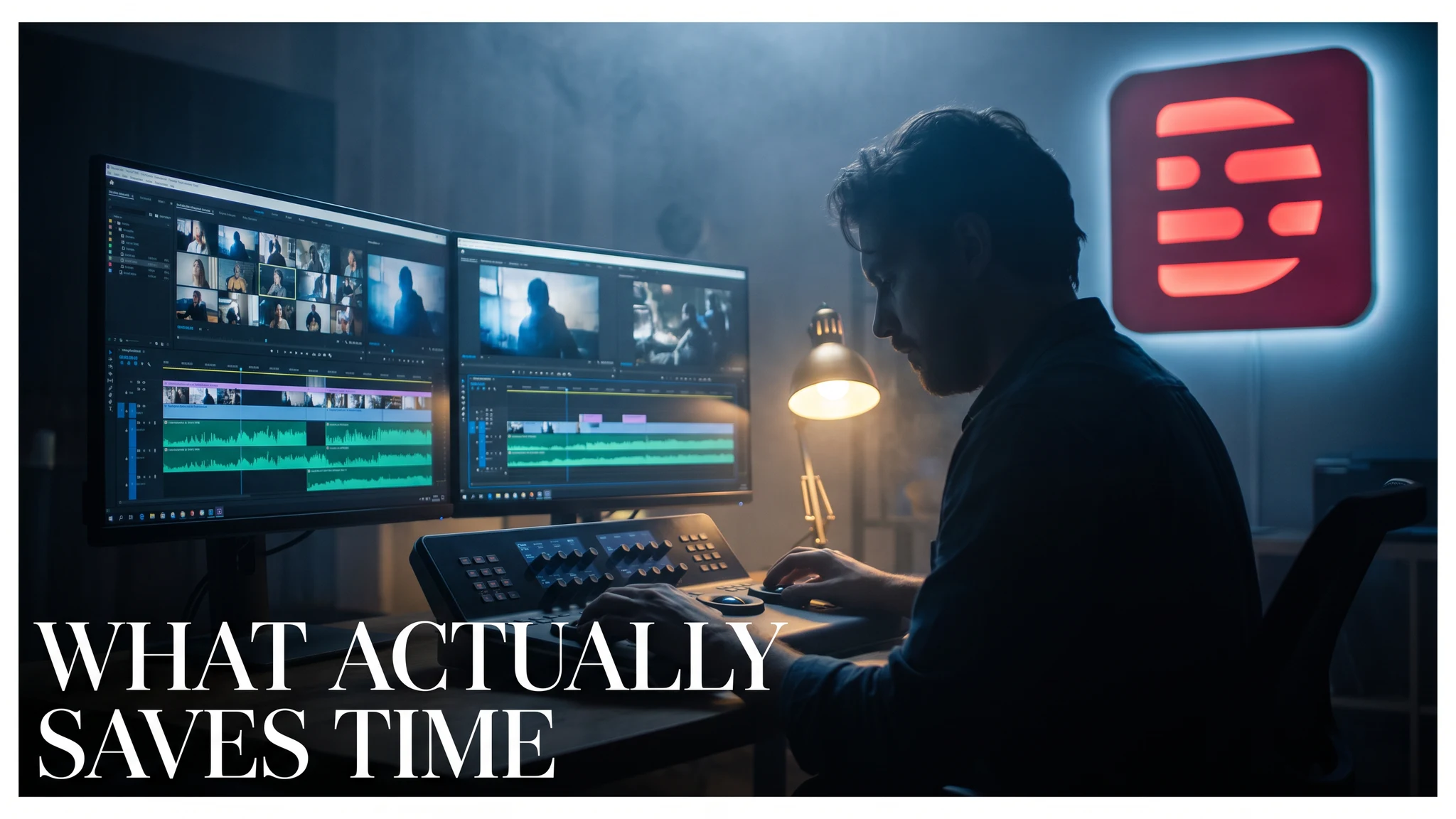 A darkened edit suite lit by two monitors, one showing a multicam timeline with stacked audio waveforms and the other a transcript panel mid-cut, editor's hands resting on a jog wheel.
