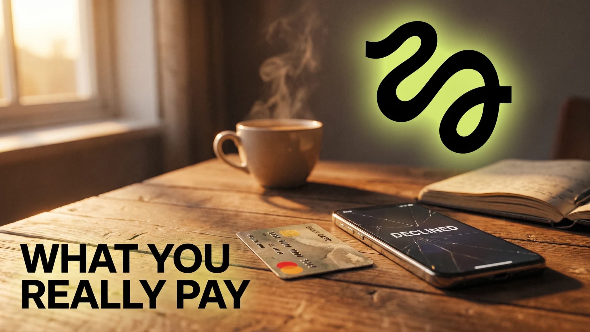 A cinematic close-up of an Indian bank card resting on a desk beside a phone showing a declined foreign subscription charge, lit in cool blue with a rupee symbol glowing on the monitor behind.