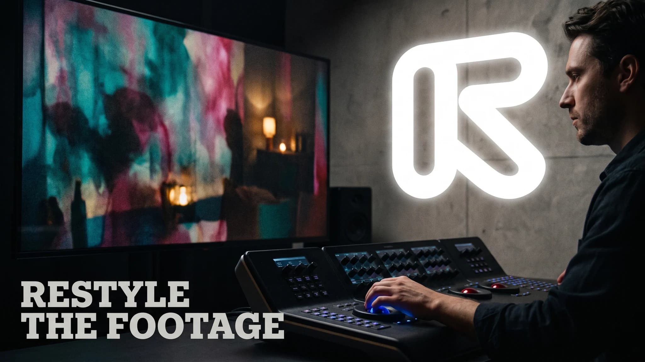 Colourist at a grading bench with illuminated trackball control surface studying a stylised frame on a reference monitor, beneath a large glowing Runway emblem