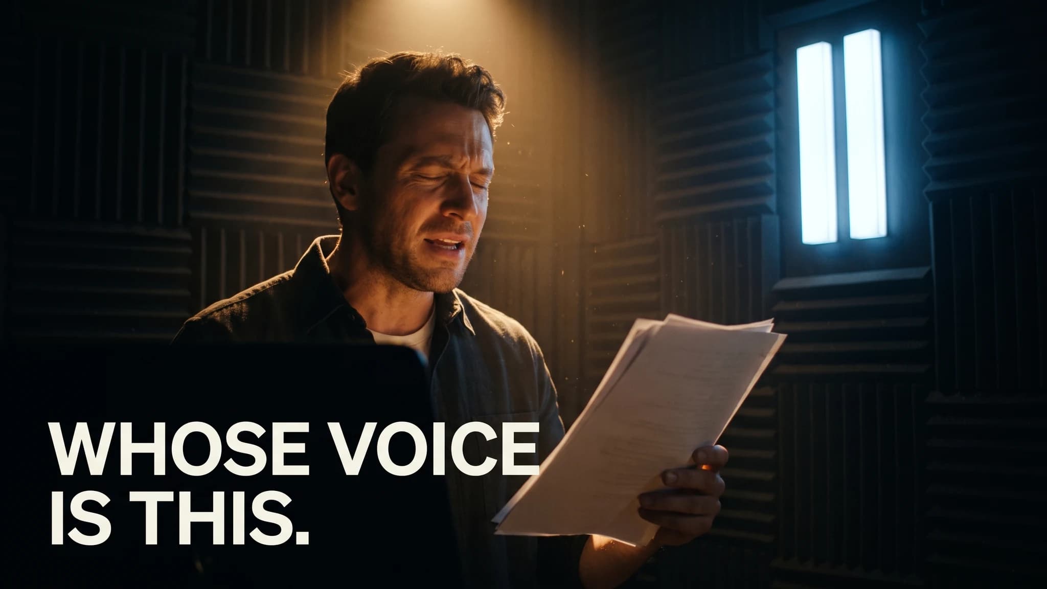 Voice actor at a studio microphone in a darkened booth, script in hand, lit by a single warm key light beneath a large glowing ElevenLabs emblem