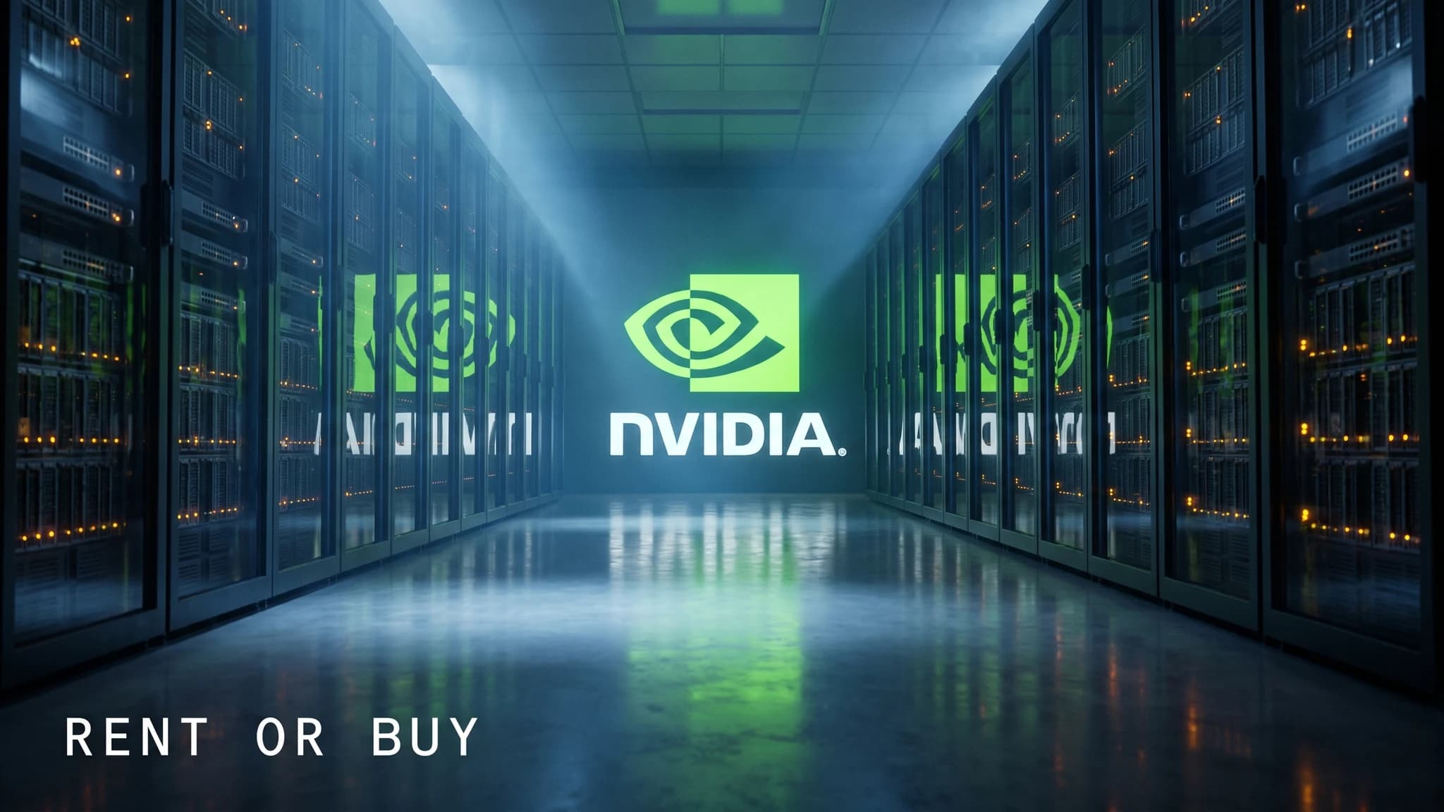 Wide shot down a data centre aisle of glowing GPU racks receding into blue haze, with a huge illuminated NVIDIA emblem on the end wall