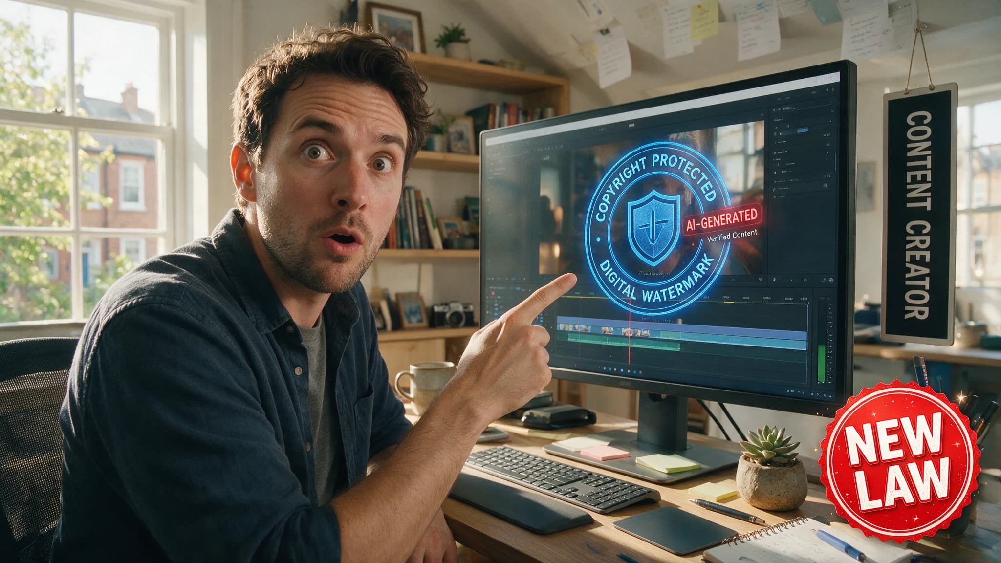 Cinematic AI video production illustration for: EU AI Watermarking Law: What Video Creators Do Now (2026)