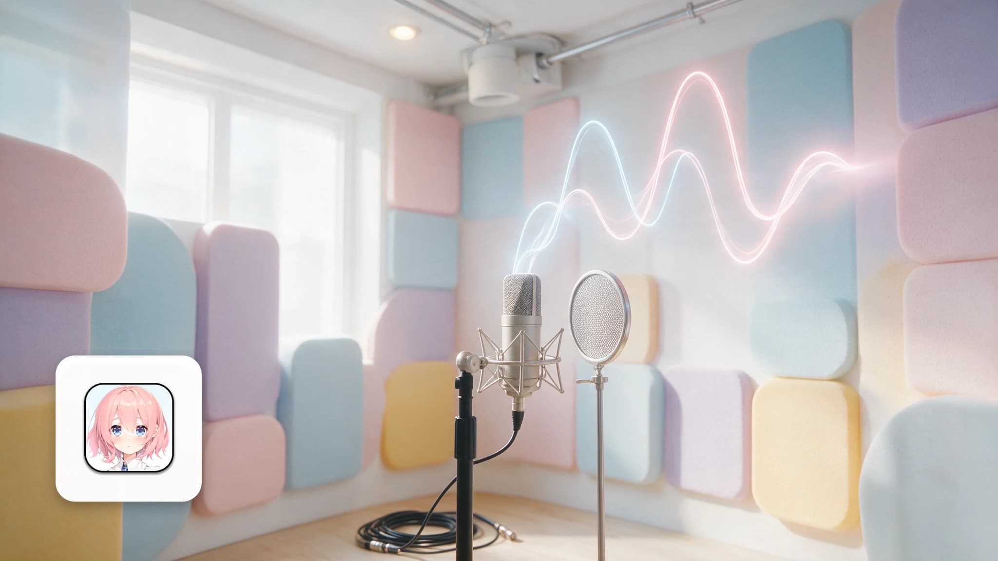 Bright vocal booth with a singer's microphone and voice-conversion software on a laptop screen