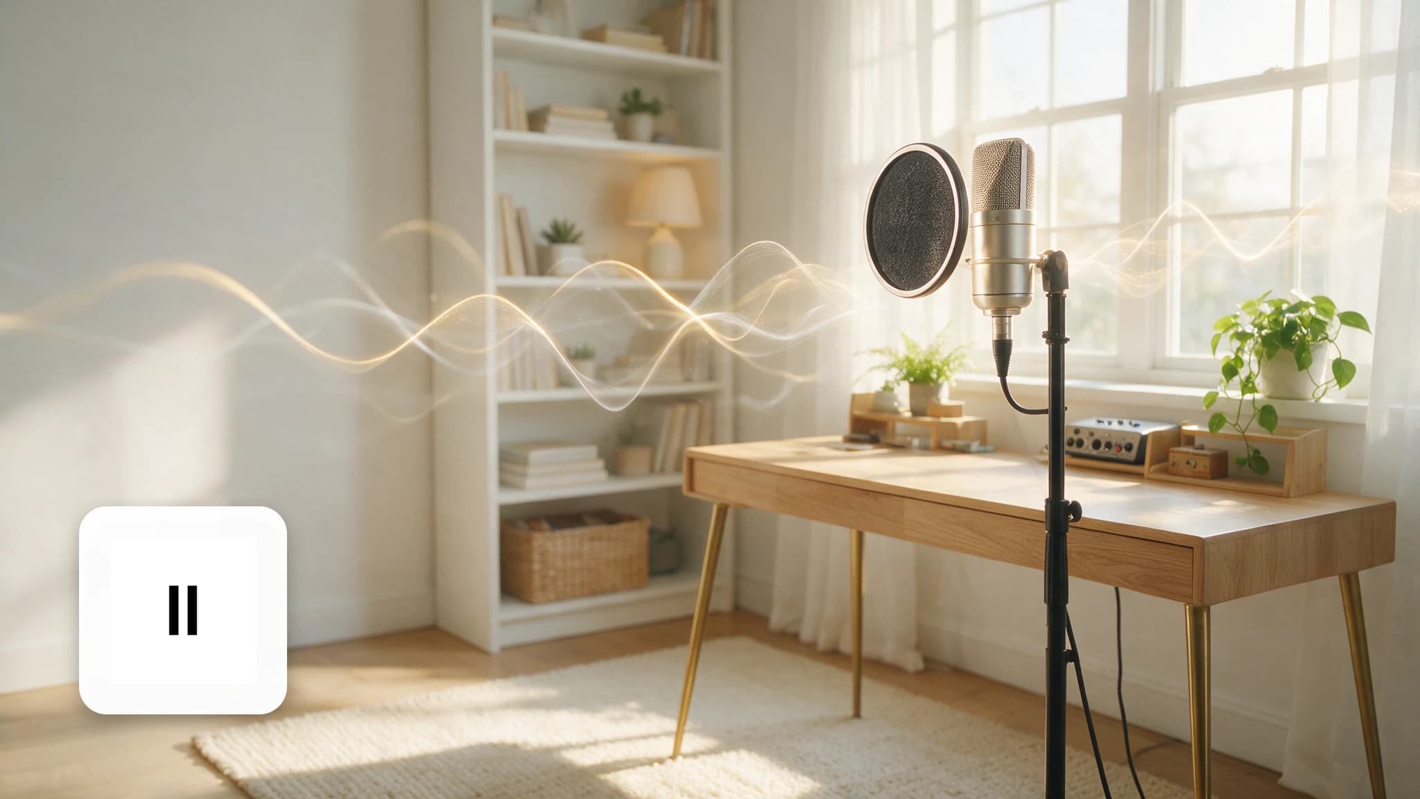 Bright home studio with a microphone and audio waveform on a laptop, ElevenLabs logo card