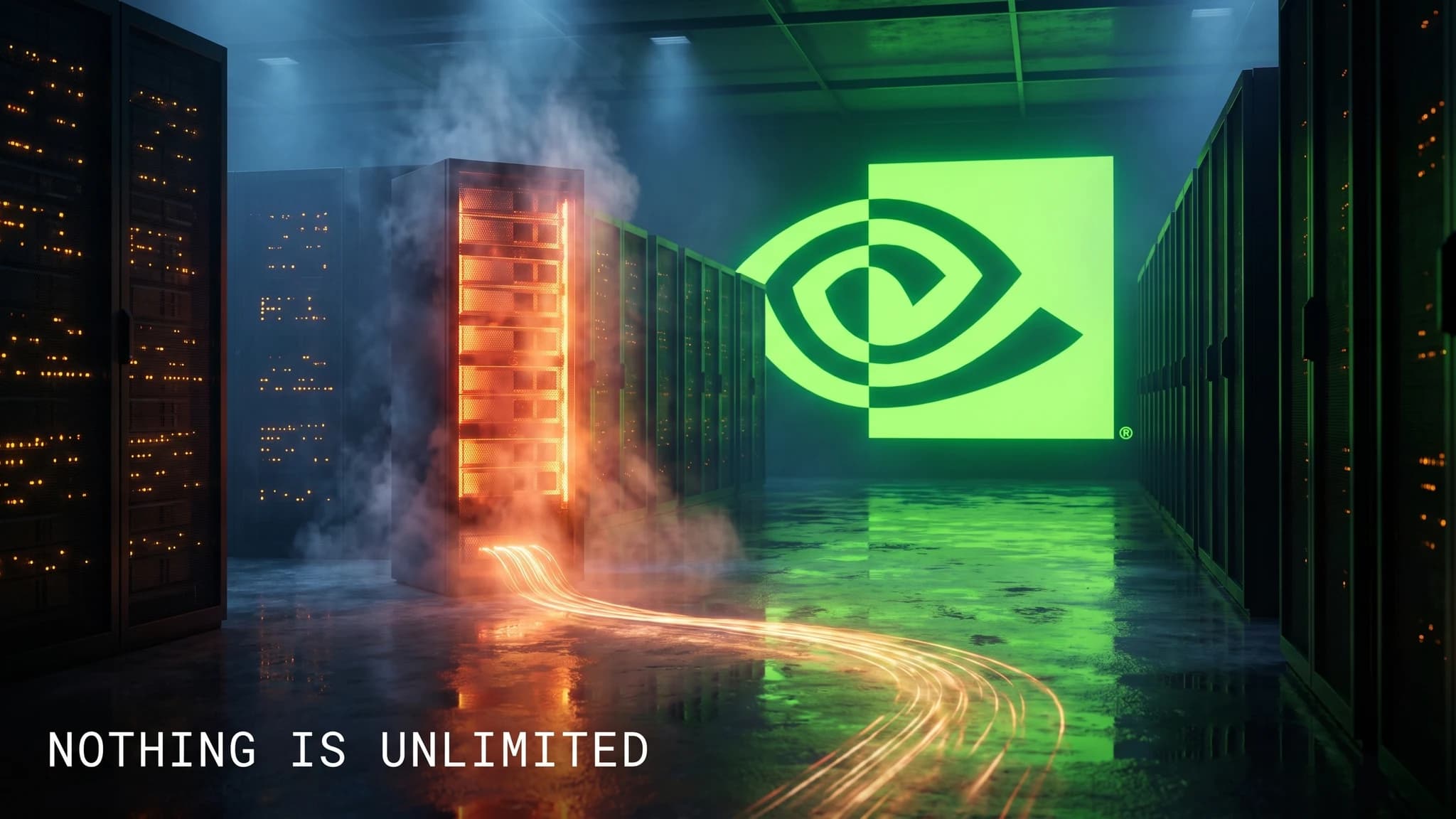 A dimly lit server aisle where one rack glows with a running cost meter projected across the H100 blades, a lone engineer checking the number on a laptop