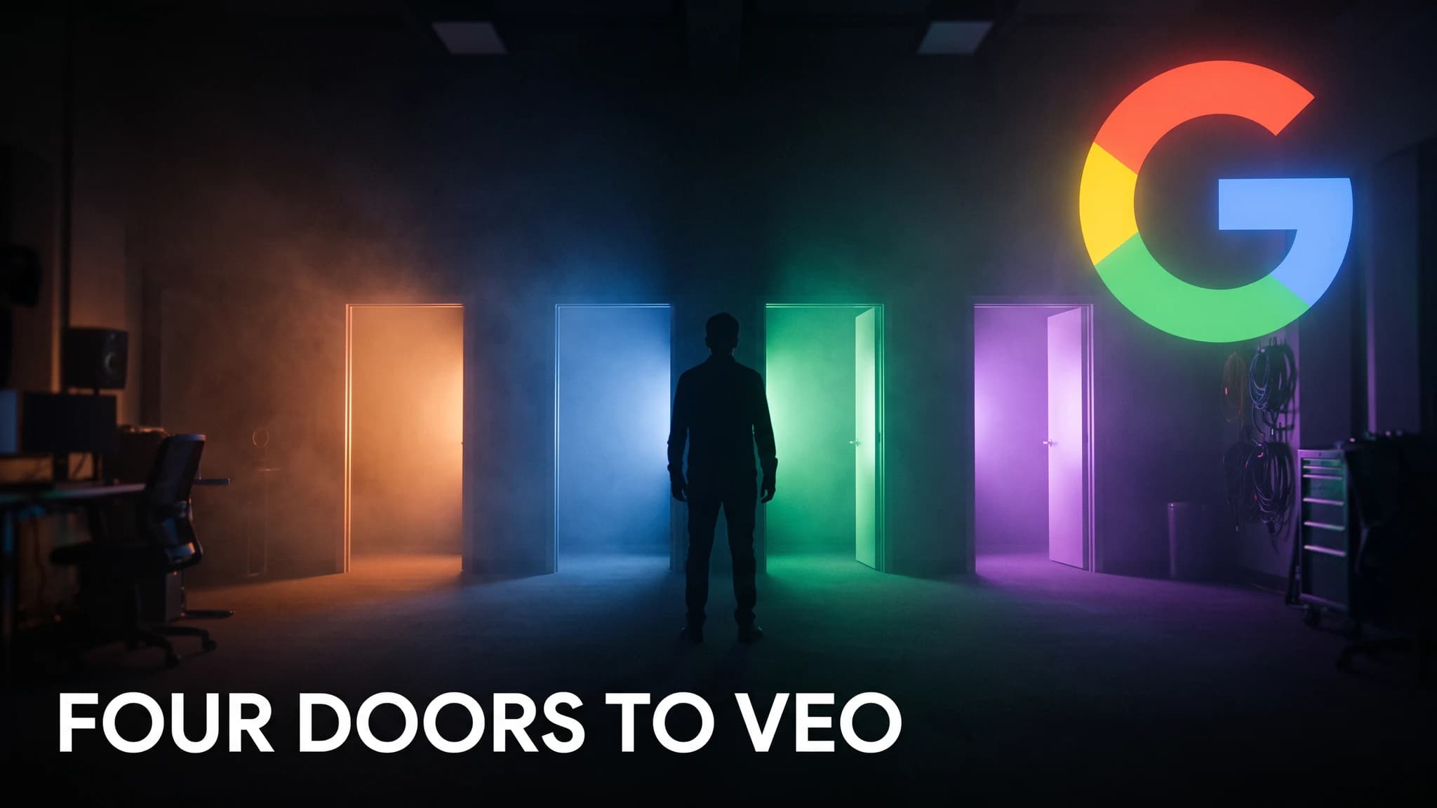 A dim editing suite lit by four glowing doorways, each leading to a different Google interface rendering the same video frame.