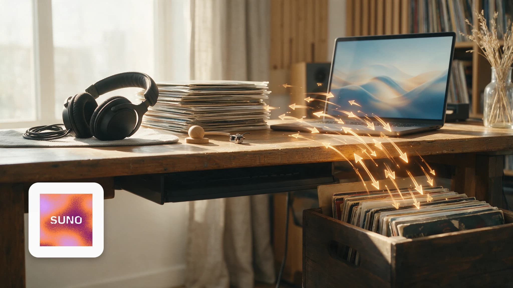 Bright desk with headphones and a download progress bar on a laptop screen, Suno logo card