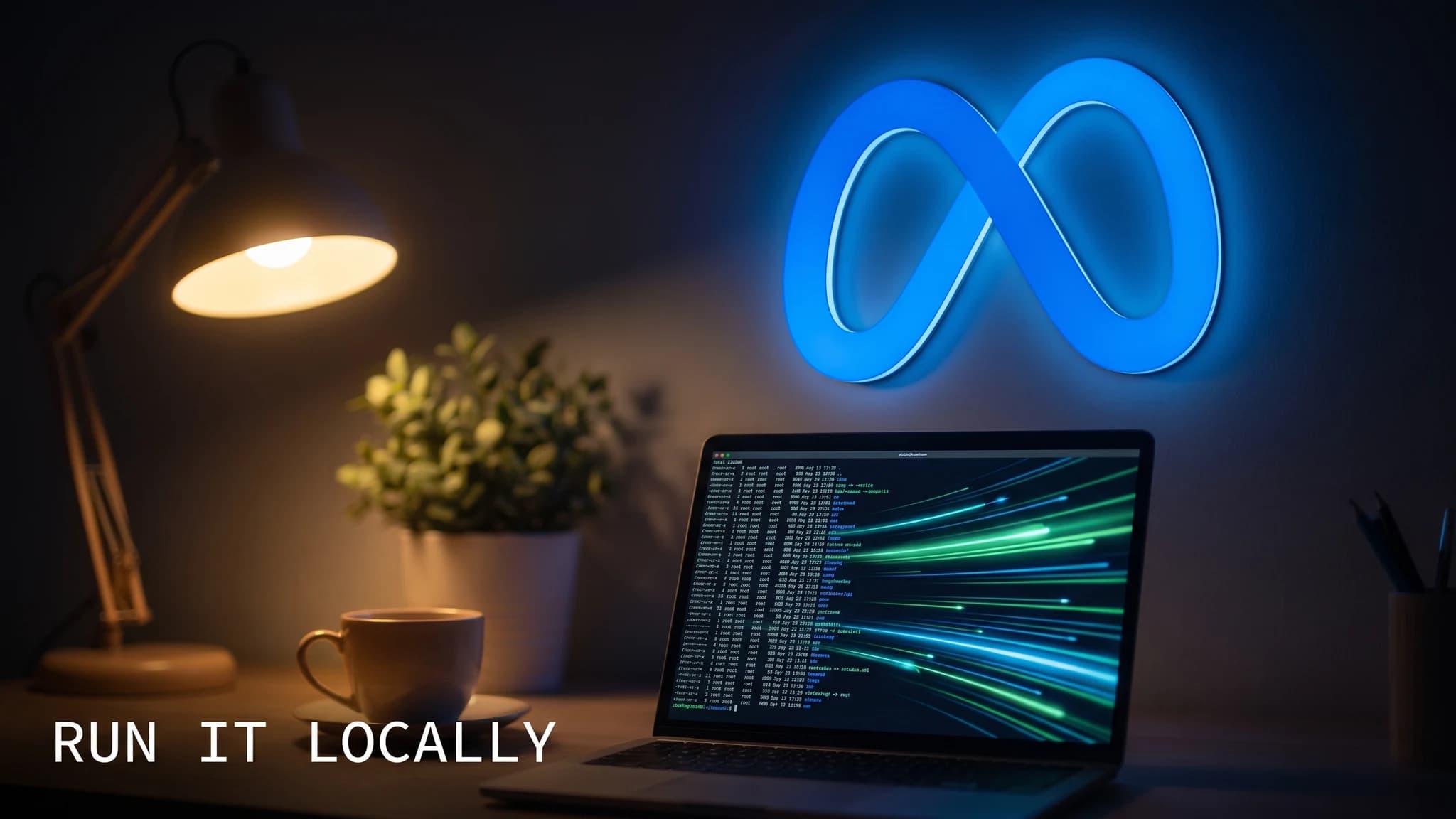 Laptop running a local llama.cpp inference terminal on a dark desk beneath a large illuminated Meta logo