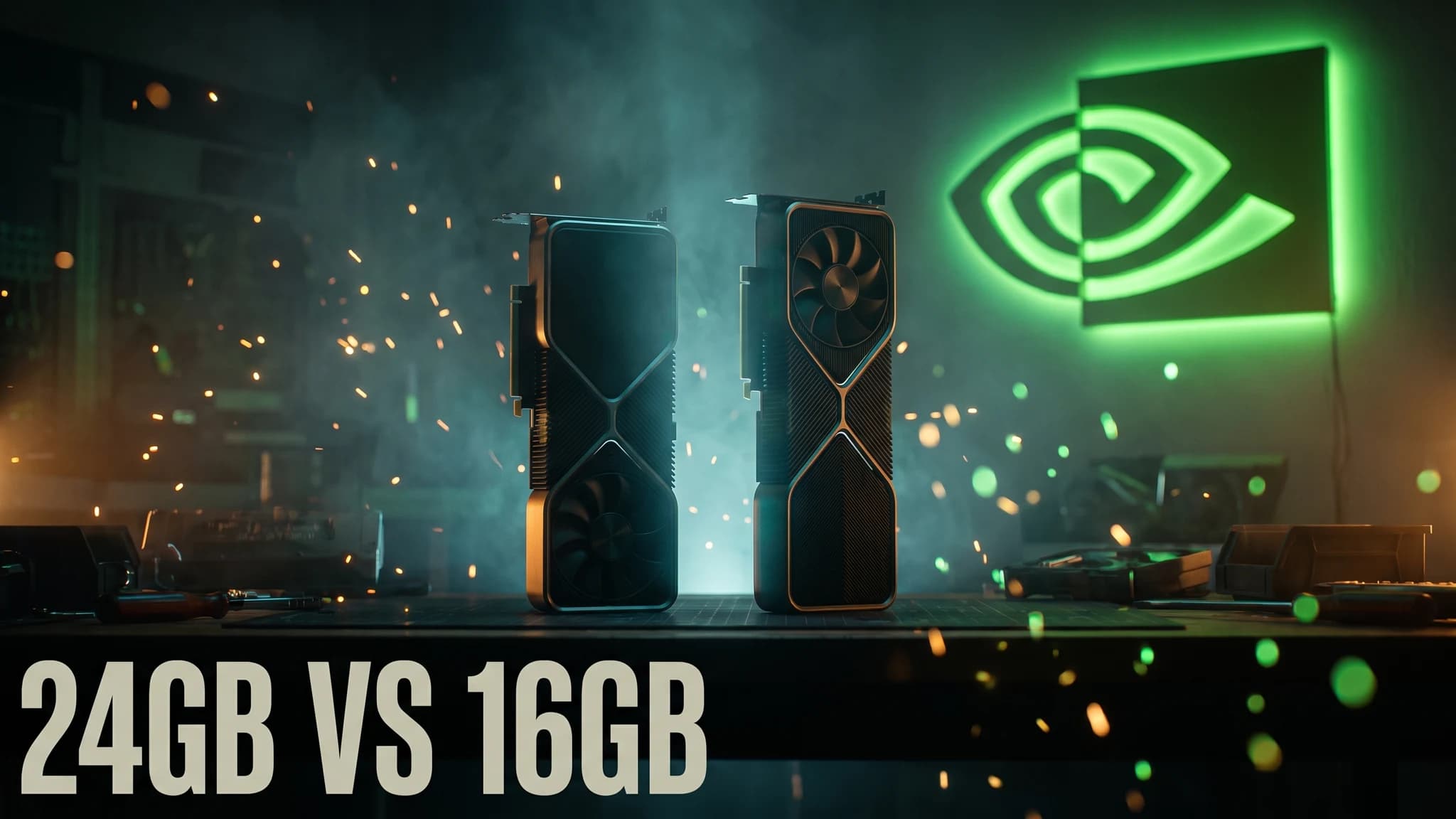 Two NVIDIA graphics cards side by side on a workshop bench under a large glowing NVIDIA sign, comparing 24GB and 16GB VRAM for local AI