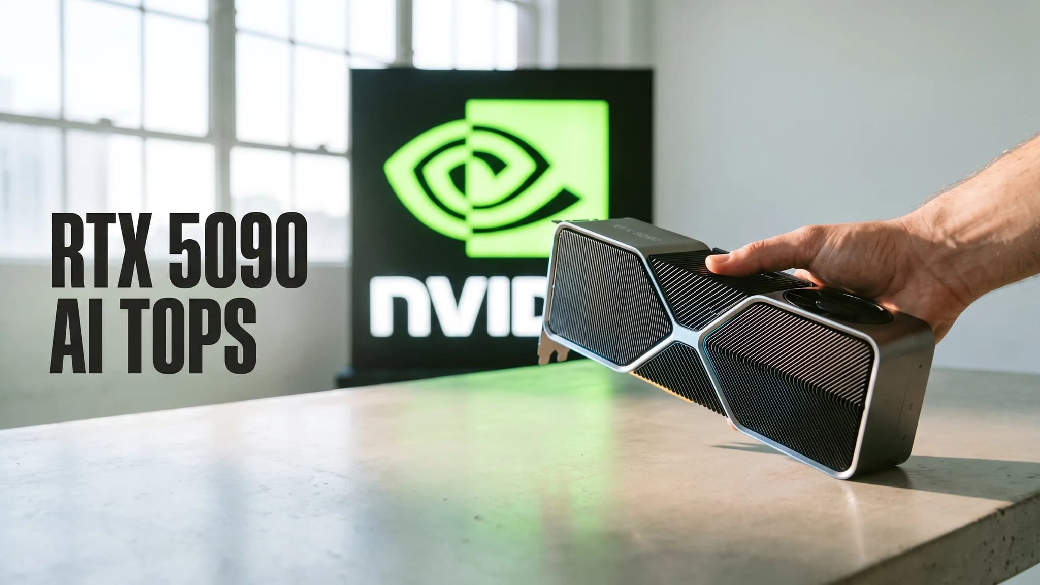 A single RTX 5090 lit from below on a dark test bench, its heatsink fins glowing faintly while a monitor behind it shows a stalled token-generation graph against a soaring prefill curve.