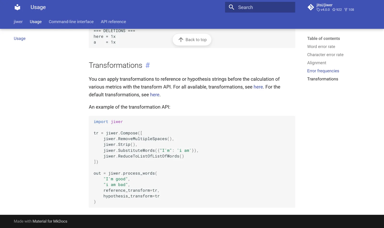 Screenshot of the jiwer documentation Transformations section, showing a jiwer.Compose block chaining RemoveMultipleSpaces, Strip, SubstituteWords and ReduceToListOfListOfWords, then passing it to process_words as both reference_transform and hypothesis_transform.