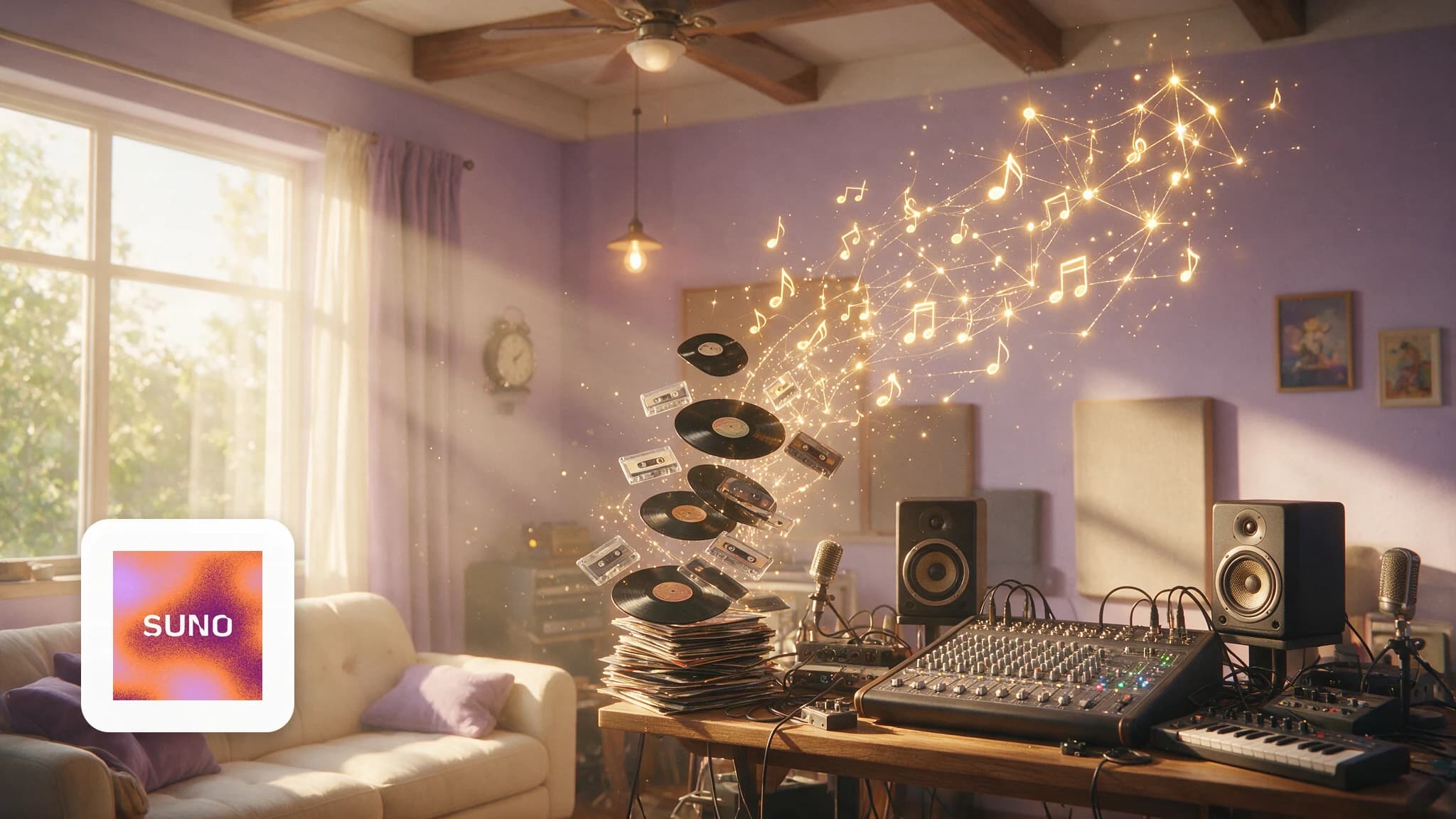 Cinematic AI audio production illustration for: Suno Custom Models Guide: Train v5.5 on Your Own Songs (2026)