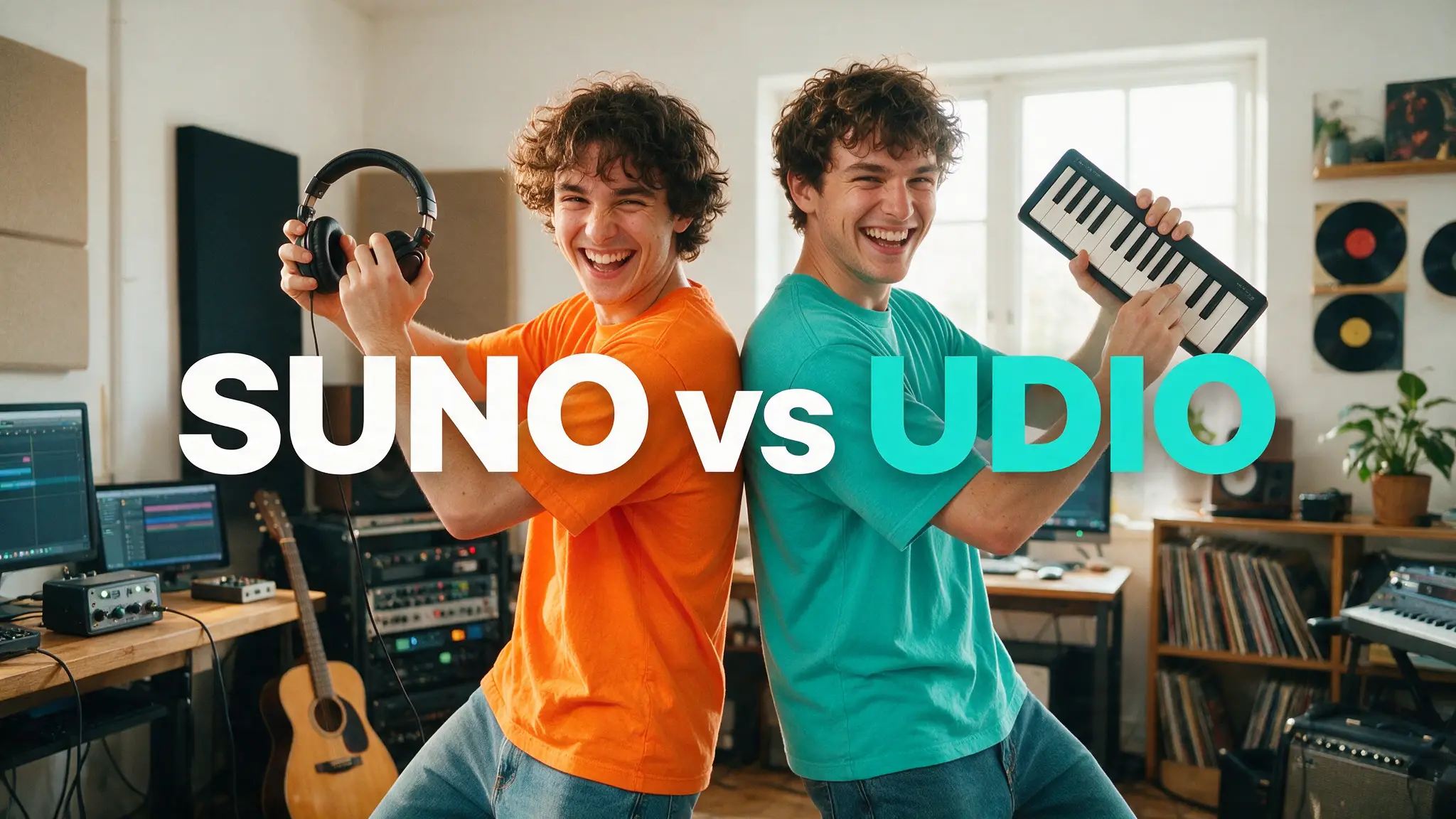 Cinematic AI audio production illustration for: Suno vs Udio (2026): We Tested Both โ Here's Which One to Use