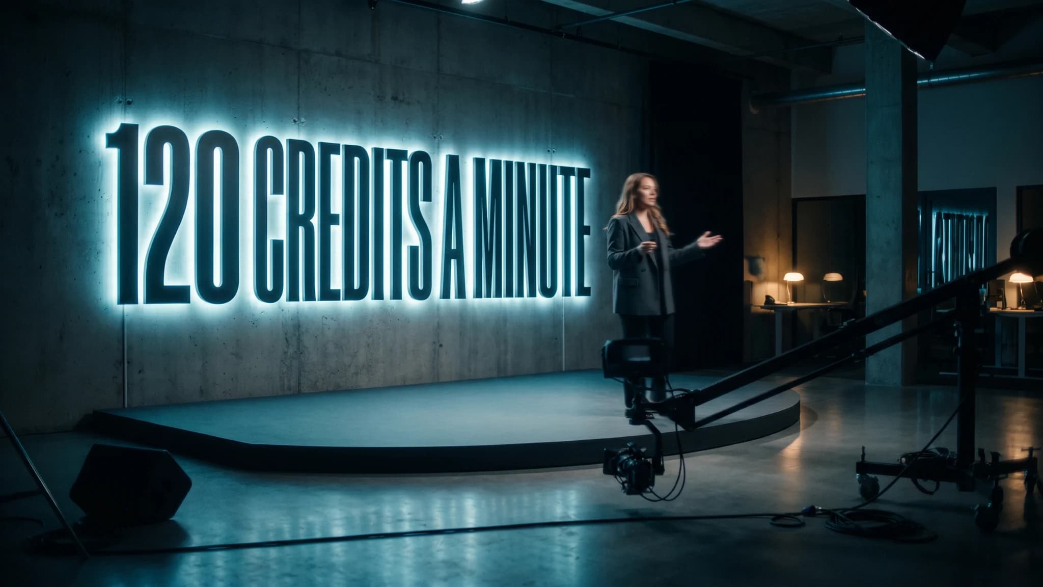 A presenter mid-gesture on a darkened corporate video set, lit by a huge backlit wall sign reading 120 CREDITS A MINUTE whose cyan glow spills across the studio floor