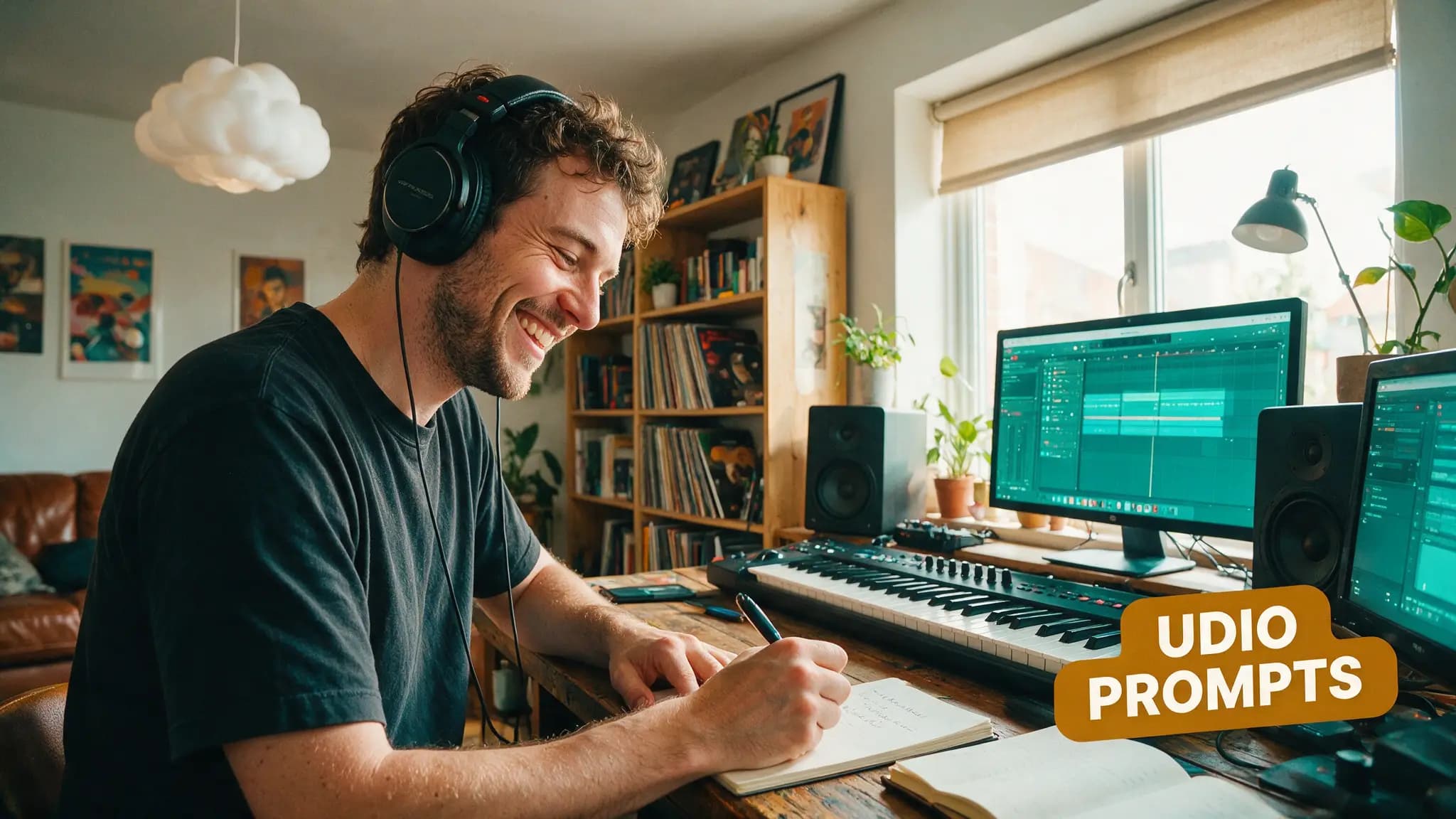 Cinematic AI audio production illustration for: 35 Tested Udio Prompts: Genres, Extensions & Remix Recipes