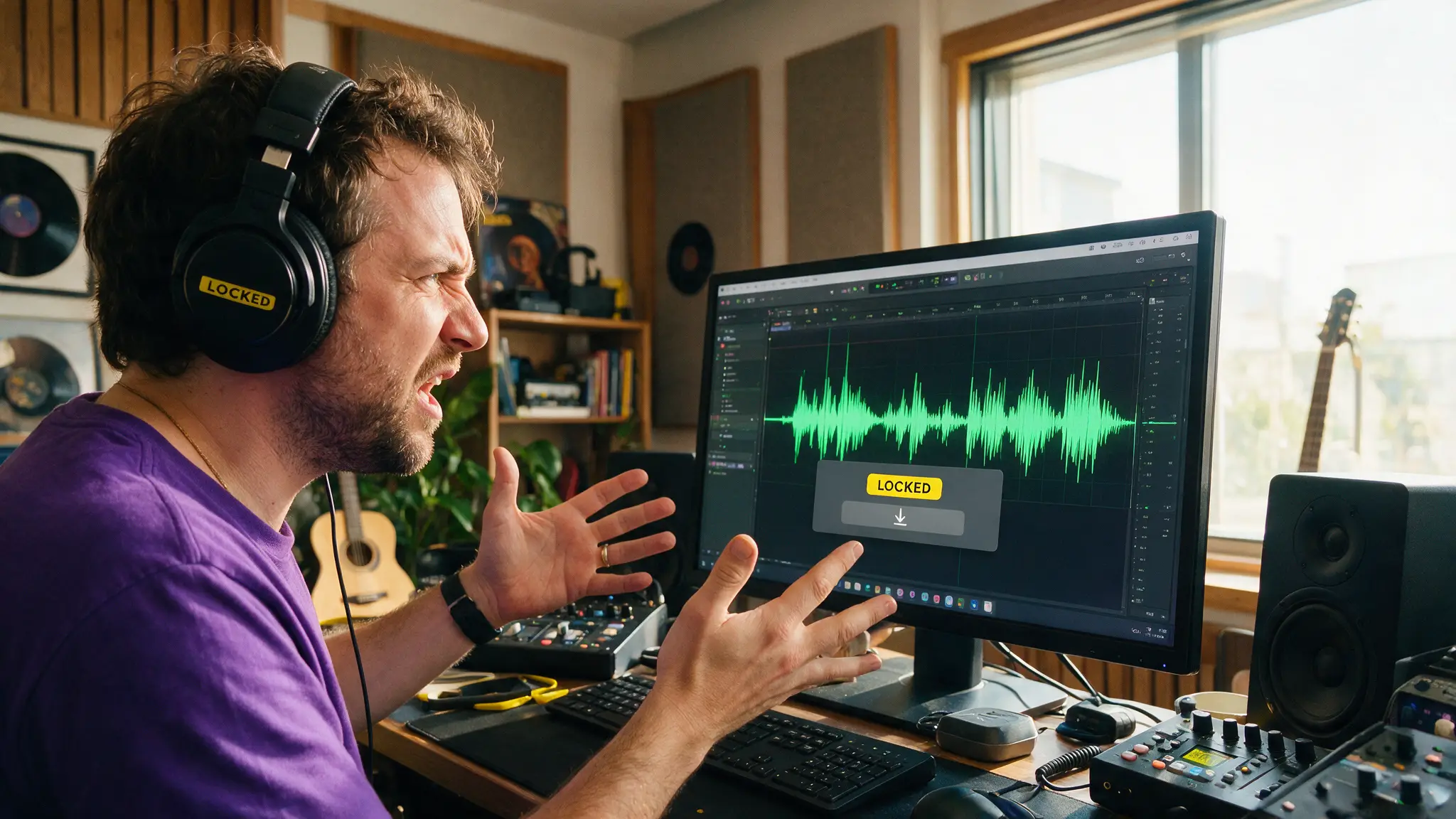 Cinematic AI audio production illustration for: Udio v3 Guide 2026: Great Model, Locked Downloads