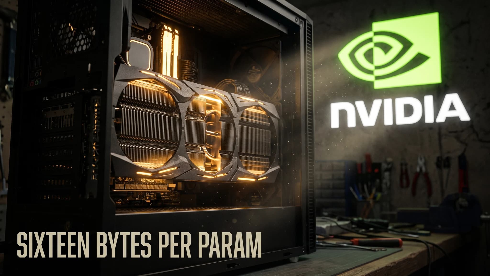 A close-up cinematic shot of an open PC case lit by amber GPU LEDs, a single triple-slot graphics card seated in the top PCIe lane with an empty second slot beside it, dust visible on the shroud, monitor glow reflecting off the side panel.