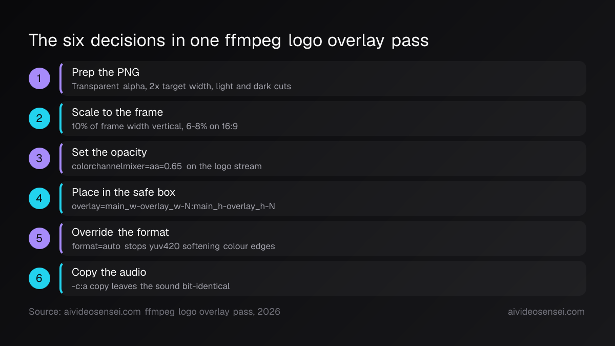 Six numbered steps for an ffmpeg overlay: prep the PNG, scale to the frame, set opacity, place in the safe box, override the format, copy the audio.
