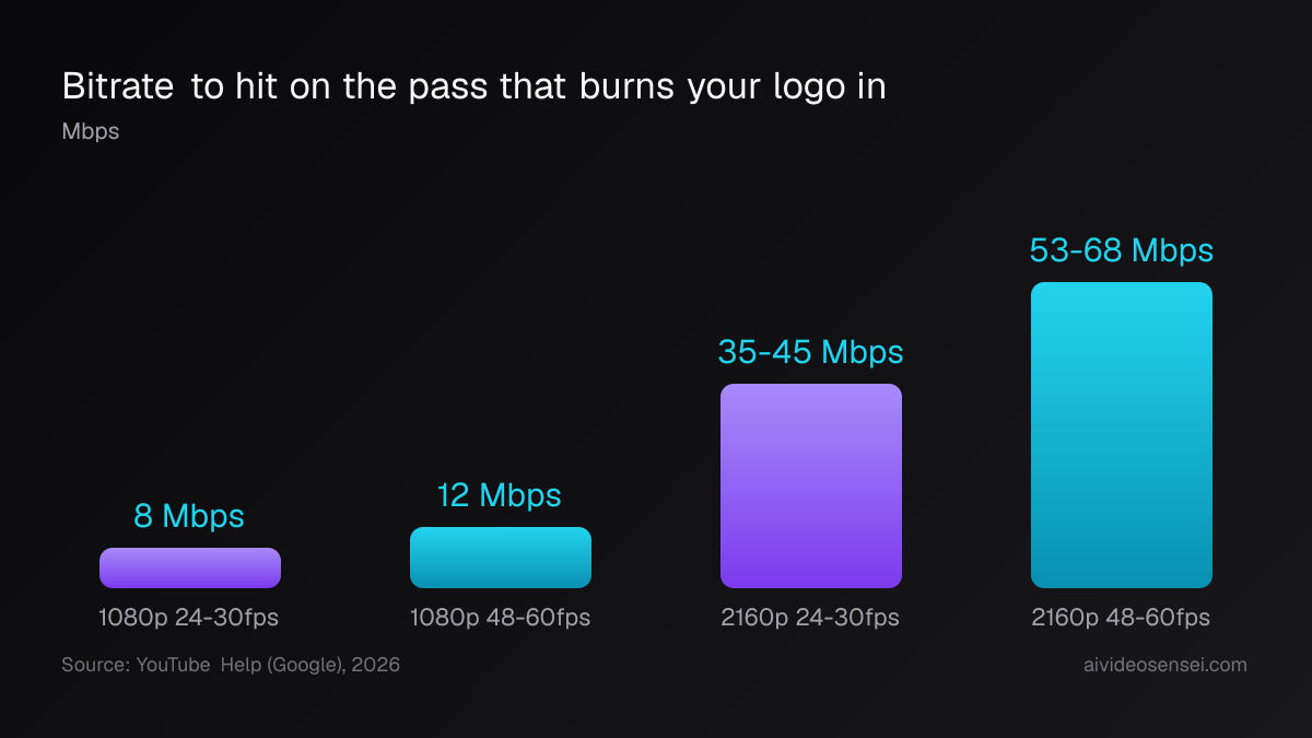 Four bars of recommended upload bitrate in Mbps: 8 and 12 for 1080p, then 35 to 45 and 53 to 68 for 2160p, with the 4K bars far taller.