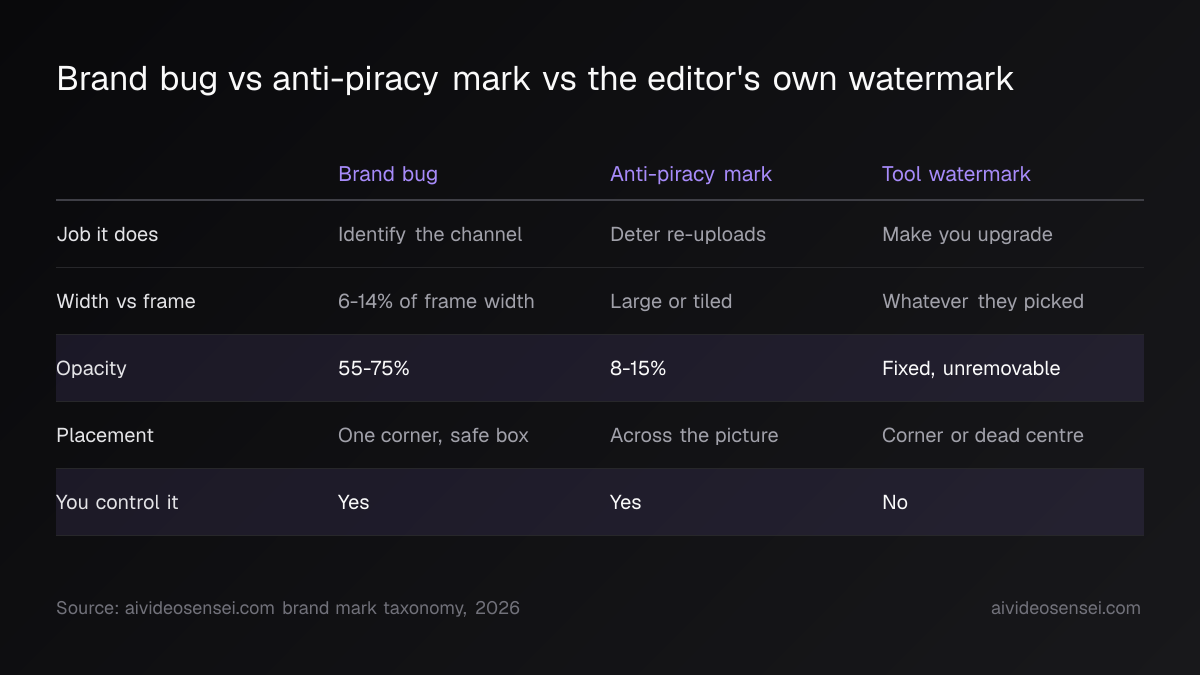 Three-column table comparing a brand bug, an anti-piracy mark and a tool watermark across job, width, opacity, placement and whether you control it.