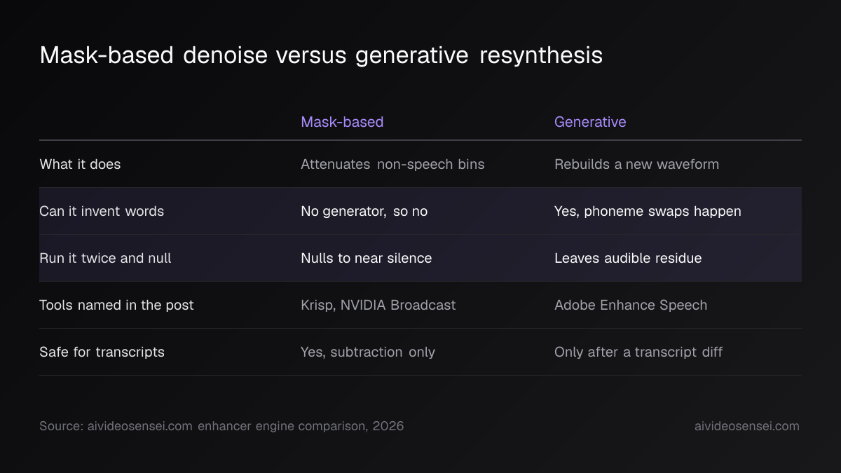 Two-column table setting mask-based against generative enhancers on what they do, word invention, the null test, named tools and transcript safety.