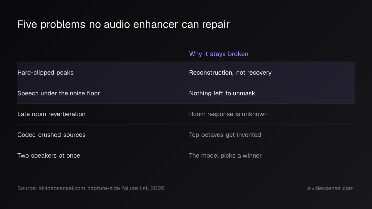 Table listing five unfixable problems with a one-line reason each: clipping, speech under the noise floor, late reverb, codec damage and crosstalk.