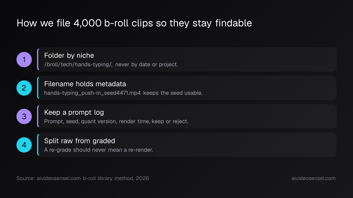 Four numbered steps for filing b-roll: folder by niche, put metadata in the filename, log every prompt and seed, keep raw exports apart from graded ones.