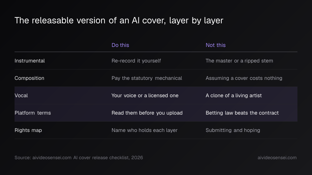 Five-row do and don't table covering instrumental, composition, vocal, platform terms and rights mapping, with the vocal and platform terms rows highlighted.