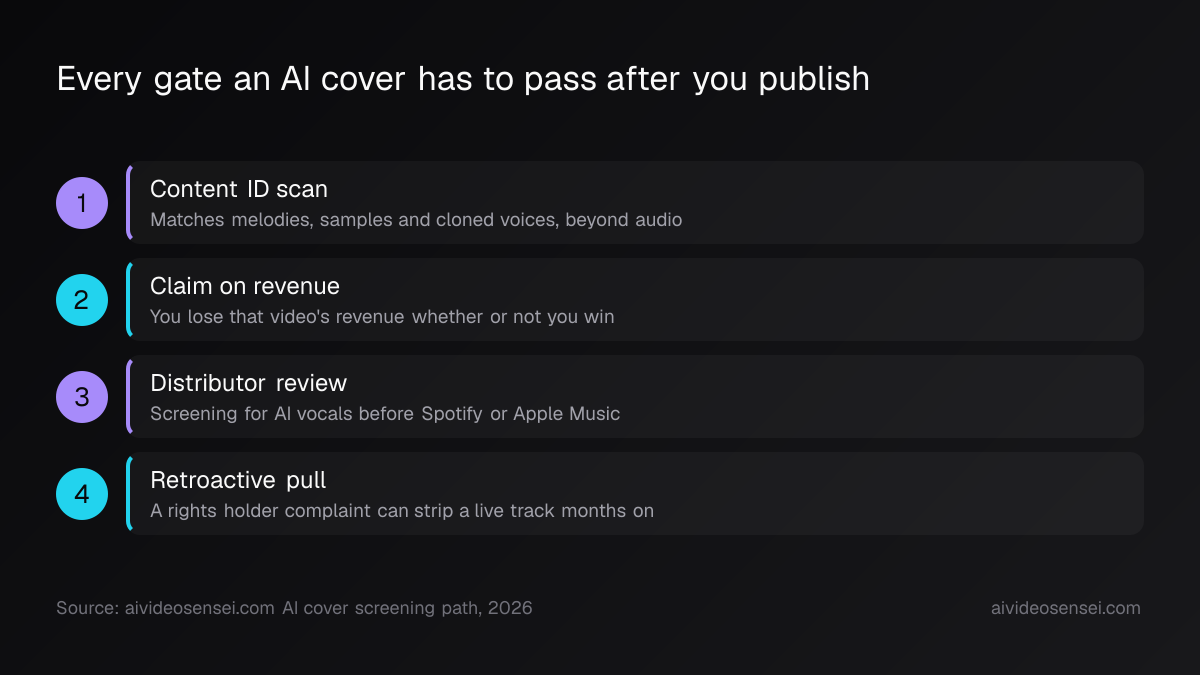 Four numbered steps running from a Content ID scan, to a revenue claim, to distributor review, to a retroactive takedown months after release.