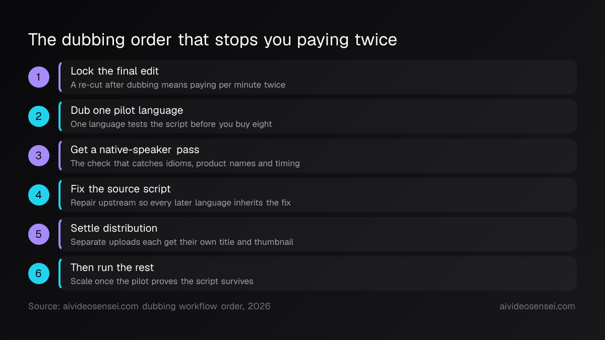 Six numbered workflow steps running from locking the final edit through a one-language pilot, a native-speaker pass and a script fix to scaling the rest.