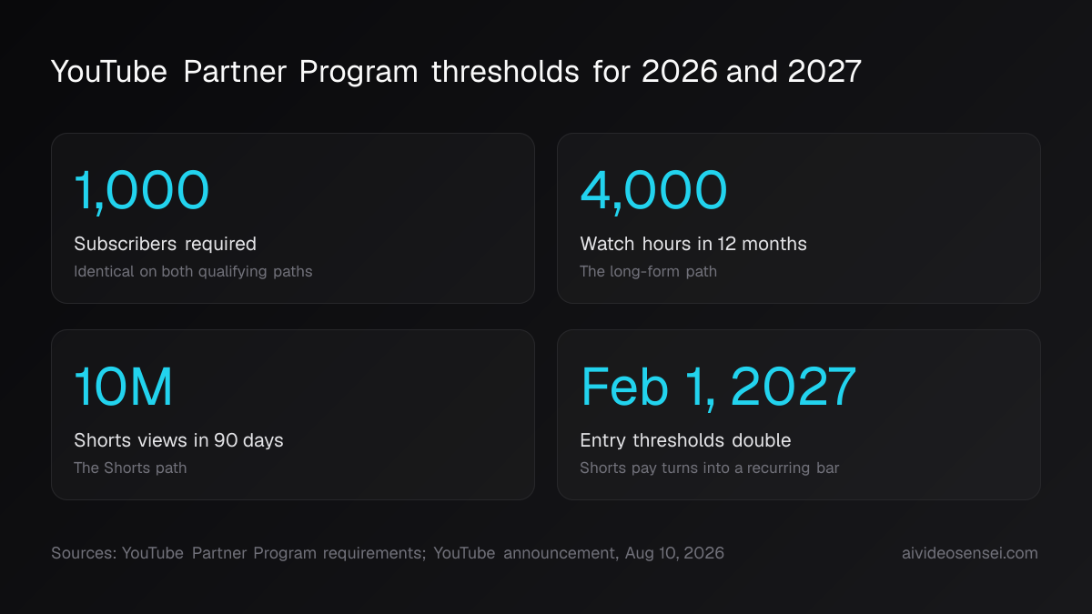 Four number cards reading 1,000 subscribers, 4,000 watch hours in 12 months, 10M Shorts views in 90 days, and Feb 1 2027 when entry thresholds double