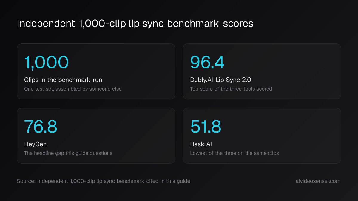 Four number cards reading 1,000 clips, 96.4 for Dubly.AI Lip Sync 2.0, 76.8 for HeyGen and 51.8 for Rask AI.