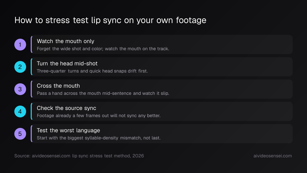 Five numbered steps: watch the mouth, turn the head, cross the mouth, check the source sync, test the hardest language.