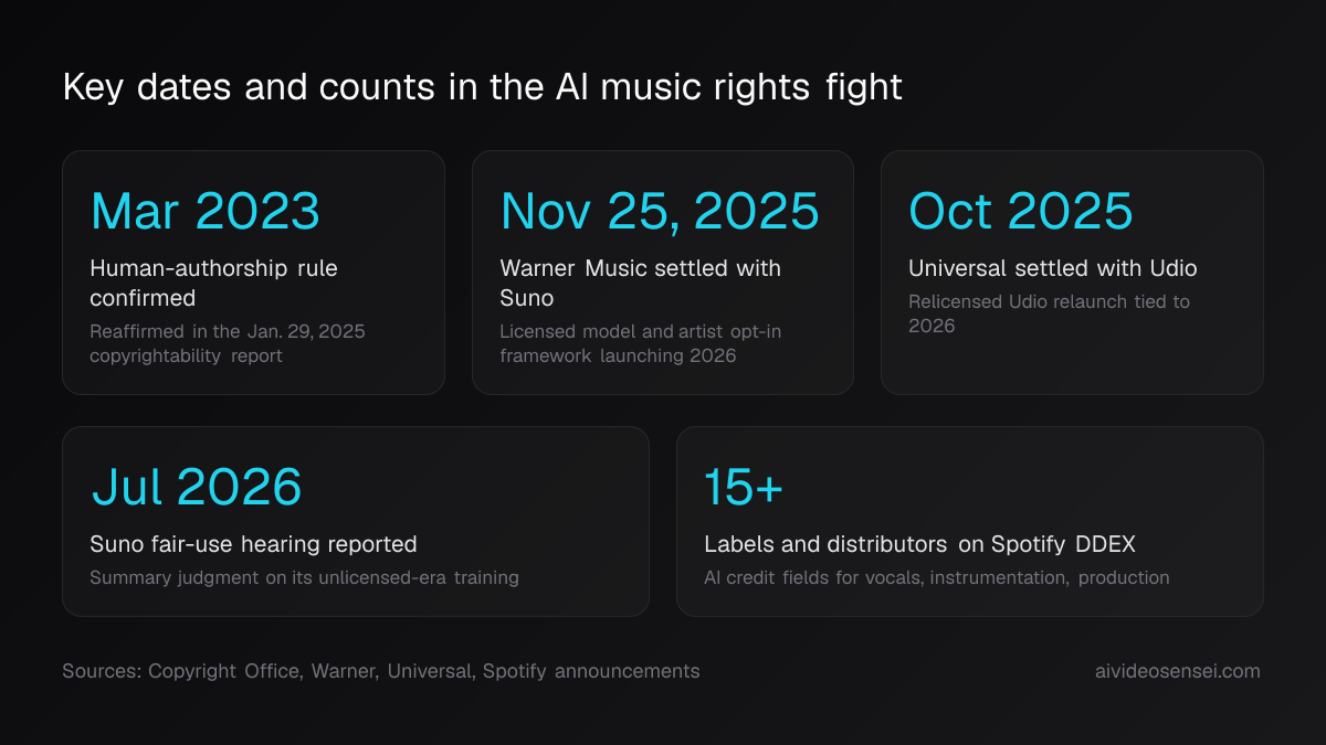 Five stat cards reading March 2023, November 25 2025, October 2025, July 2026 and 15 plus, each labelled with the AI music rights event it marks.