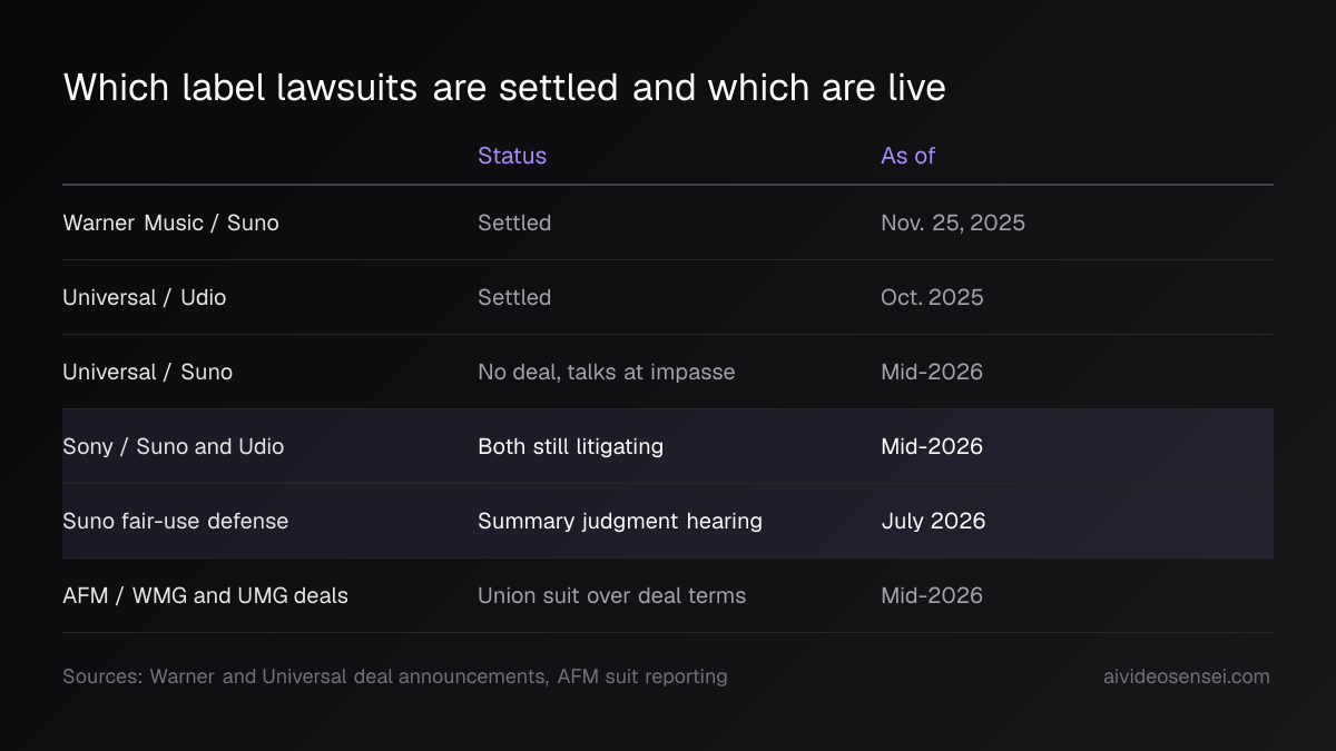 Table of six label disputes with status and date columns, showing Warner and Universal settled while Sony litigates against both Suno and Udio into mid-2026.