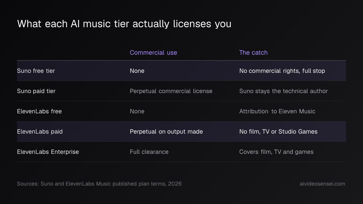 Table of five Suno and ElevenLabs Music tiers with columns for commercial use and the catch; both free tiers read None, paid tiers read perpetual license.