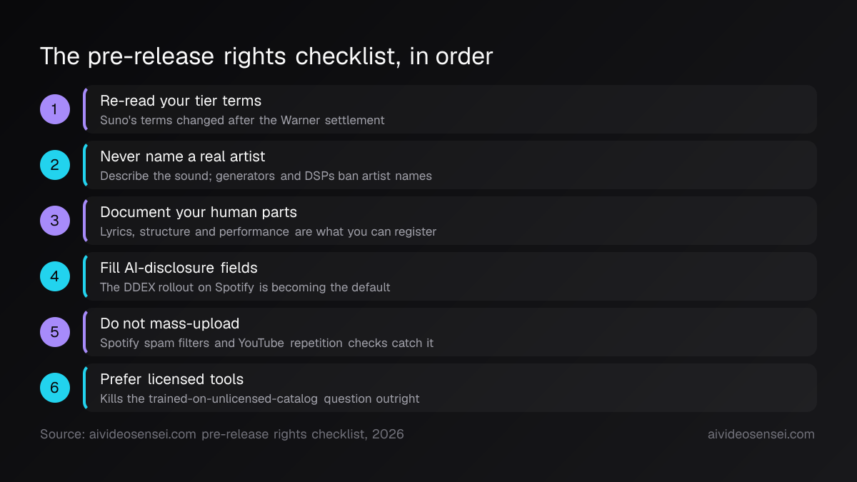Six numbered steps running from re-reading your tier terms through disclosure metadata to preferring licensed tools, each with a one-line instruction.