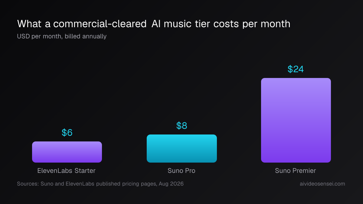 Bar chart comparing three monthly prices: ElevenLabs Starter at 6 dollars, Suno Pro at 8 dollars and Suno Premier at 24 dollars, billed annually.