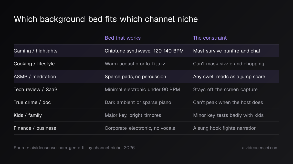Table of seven channel niches with the bed style that works and the mixing constraint behind it, with the gaming and ASMR rows highlighted.